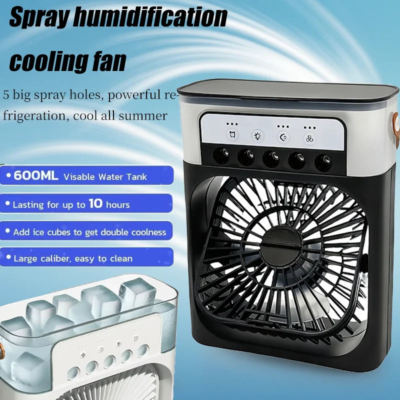 Mini Ar-Condicionado Portátil — Cooler com Umidificador e Luz LED Noturna, Ventilador Compacto para Casa, Escritório ou Quarto, Resfriador de Ar Pessoal