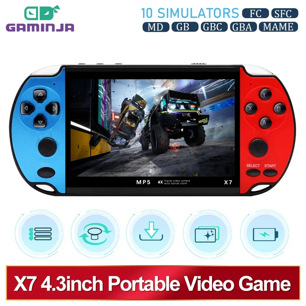 GAMINJA X7 — Console Portátil de 4.3" com Tela IPS, Videogame HD com 10.000 Jogos Embutidos — Compatível com GBA, GBC, NES e mais